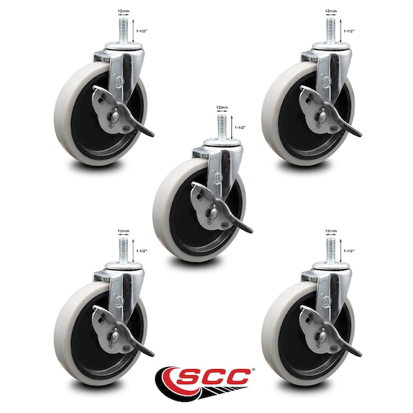 5 Inch Thermoplastic Wheel 12mm Threaded Stem Caster Set with Brakes SCC, 5PK
